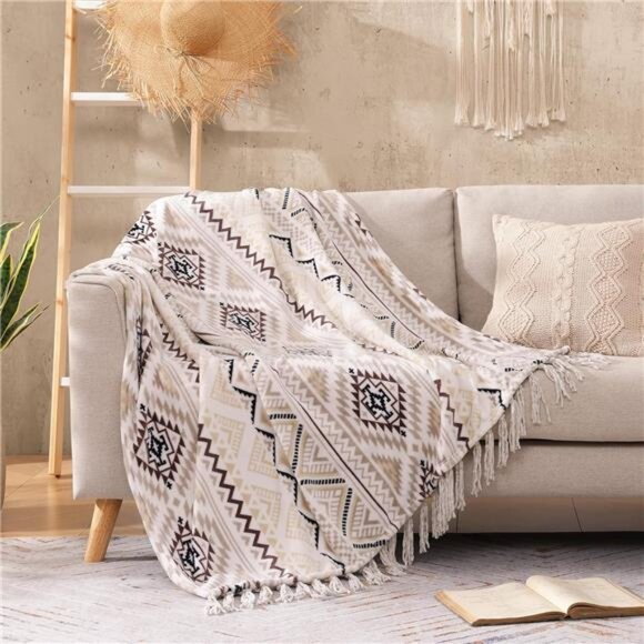 Boho Throw Blanket - Beige and Gray Decorative Blankets with Tassel - Picture 3 of 8